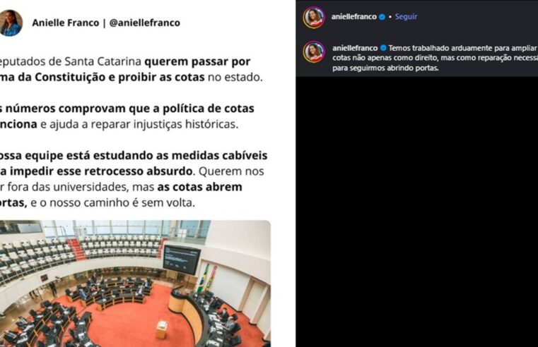 Anielle Franco diz que Governo Federal estuda medidas contra lei que acaba com cotas raciais em universidades de SC