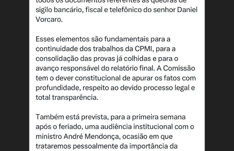 CPMI do INSS pede a novo relator do Master devolução de dados sigilosos de Vorcaro