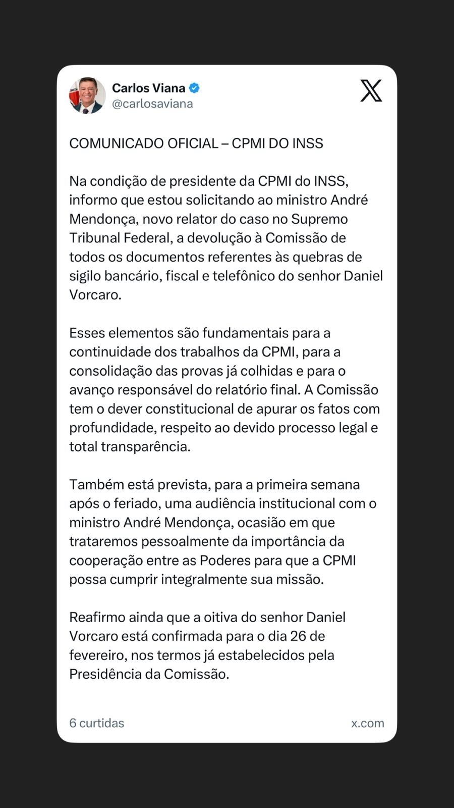 CPMI do INSS pede a novo relator do Master devolução de dados sigilosos de Vorcaro